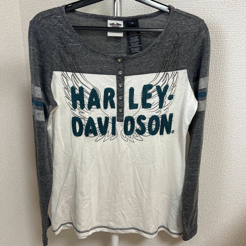 HARLEY-DAVIDSON ハーレーダビッドソン ラグラン Tシャツ 長袖 ロンT 刺繍 Mサイズ 古着 used