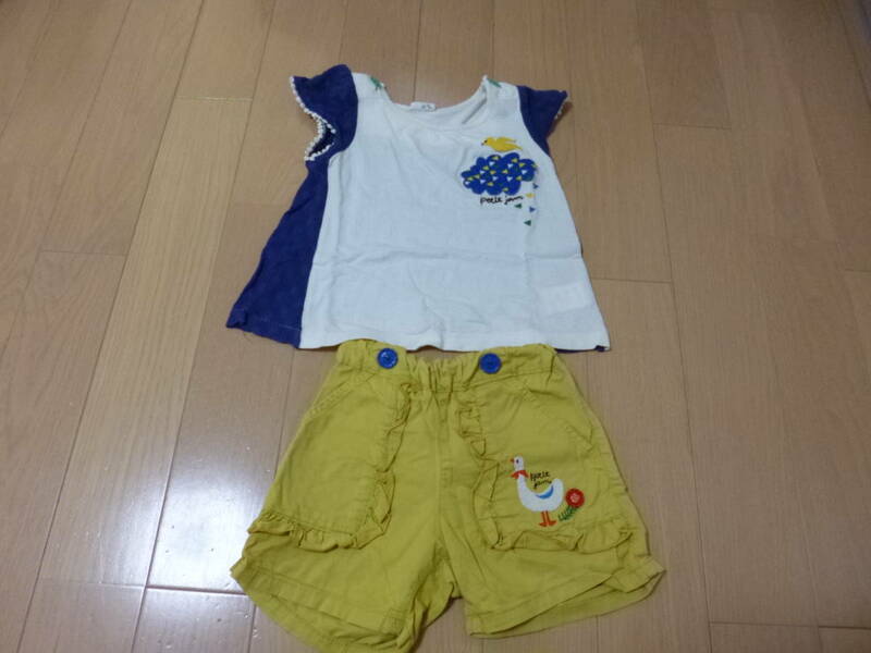 ☆中古　Petit jam　プチジャム☆　フレア半袖Tシャツ＆イエロー短パン　2着セット　110ｃｍ　女の子、可愛い鳥