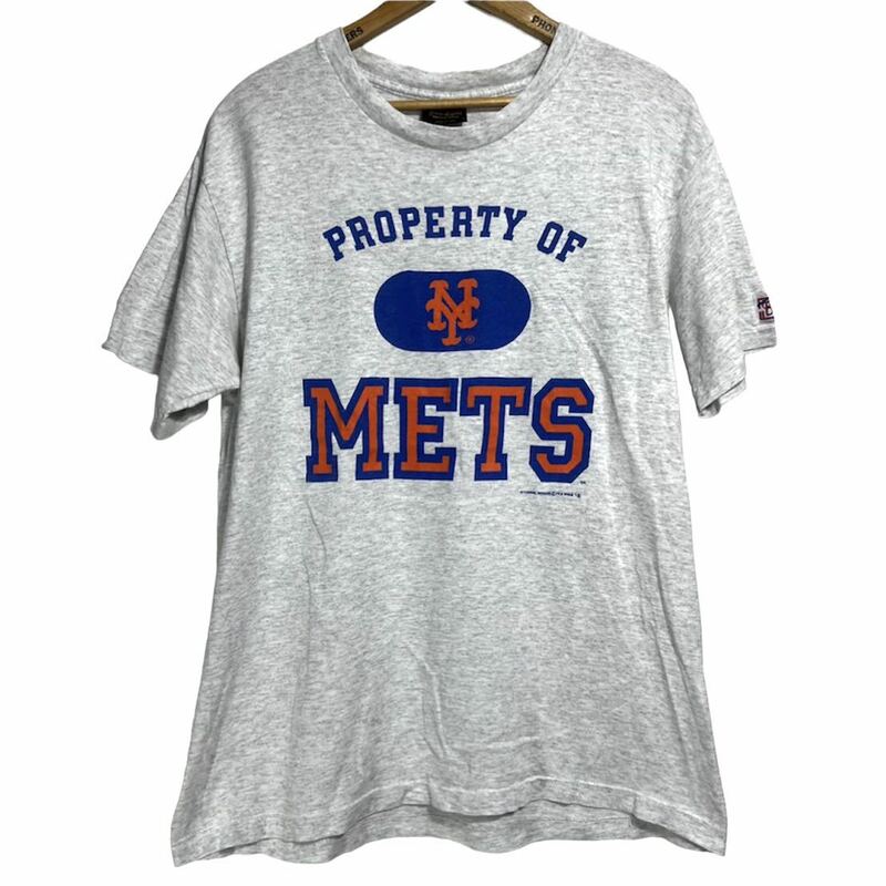 ■ 90s 90年代 USA製 ビンテージ MLB New York Mets メッツ ロゴ プリント シングルステッチ 半袖 Tシャツ サイズL グレー 野球 メジャー■