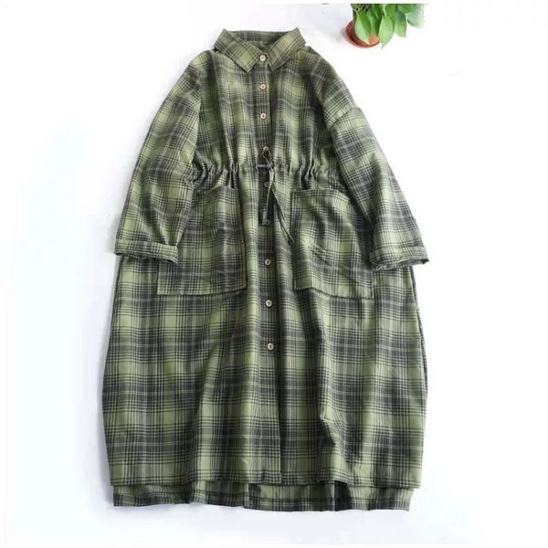 10件送料無料yh コート 羽織物 チェック柄 グリーン ジャケット　ゆったりとした　ナチュラル系 綿100％