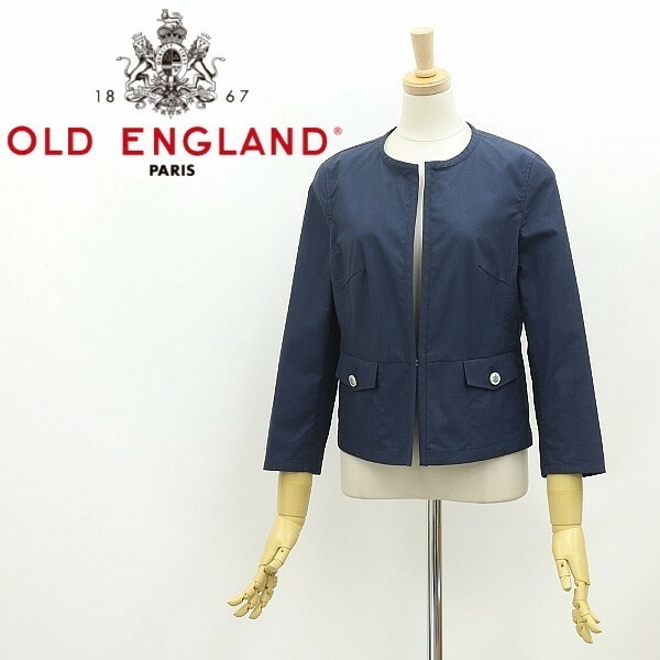◆OLD ENGLAND オールド イングランド リネン混 コットン 七分袖 ノーカラー ジャケット 紺 ネイビー 36