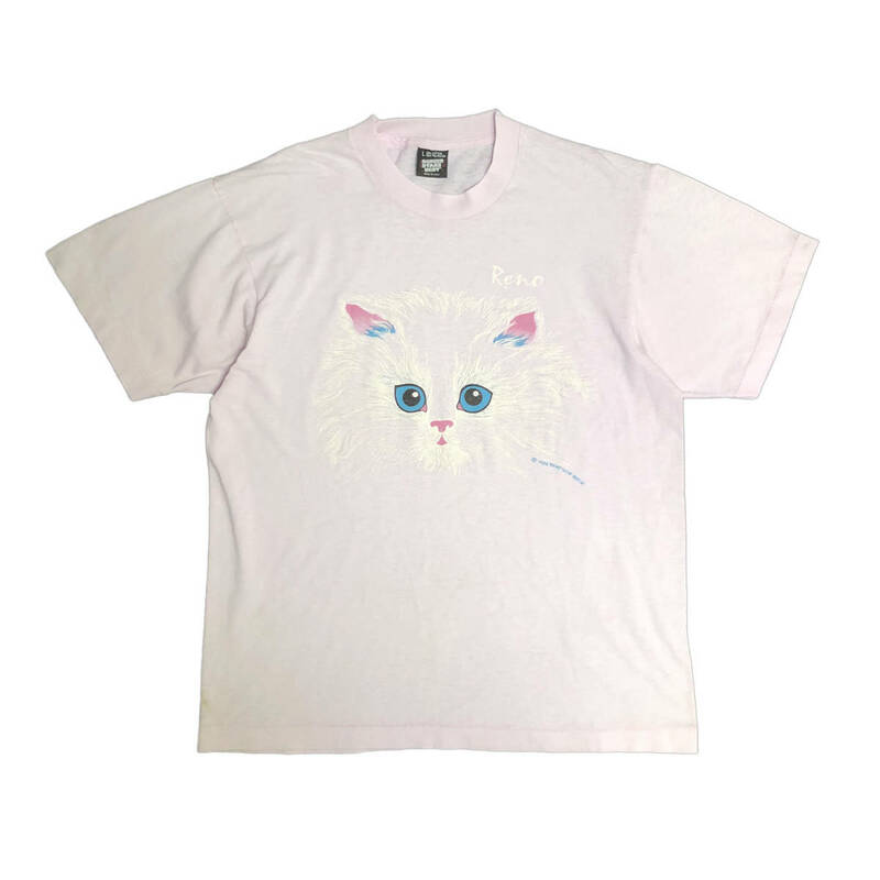 80S USA製 1988年 ヴィンテージ ネコ アニマル オールド Tシャツ 薄いピンク メンズL シングルステッチ 猫 古着 BA2001