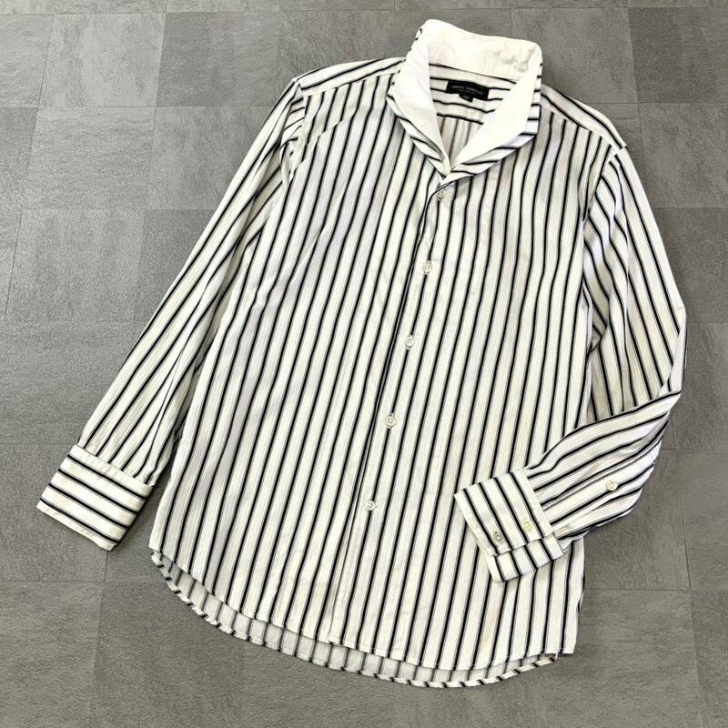 美品 MEN‘s TENORAS メンズティノラス ストライプ デザインカラー 長袖シャツ ドレスシャツ メンズ Lサイズ ホワイト ブラック