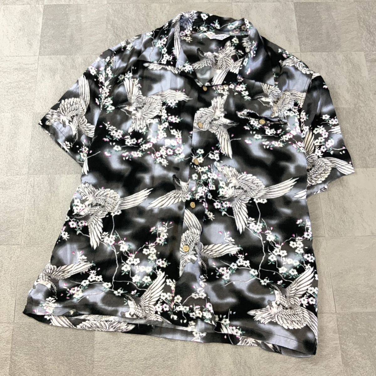 良品 Tropical 総柄 桜柄 鳳凰柄 オープンカラー アロハシャツ メンズ 4Lサイズ 大きいサイズ ブラック 開襟シャツ 和柄