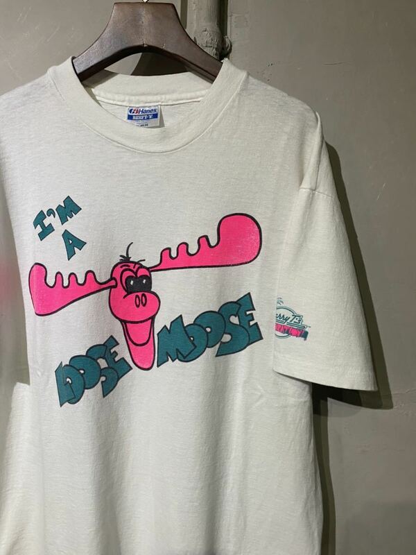 【即決】80s Hanes BEEFY-T ヘインズ ビーフィー 動物プリントTシャツ loose moose シングルステッチ 丸胴ボディー USA アメリカ製 古着 XL