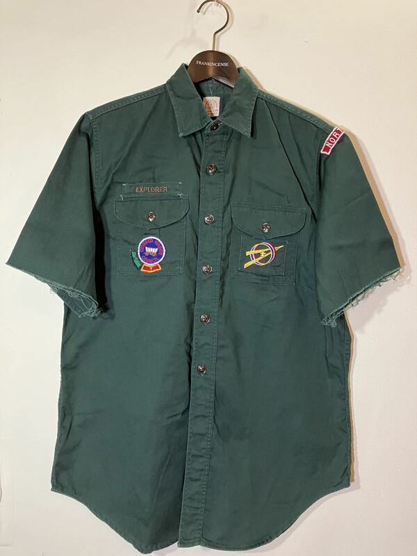 60's 70's USA製 vintage BOY SCOUTS OF AMERICA OFFICIAL SHIRT ビンテージ ボーイスカウト 半袖シャツ ワークシャツ M 深緑 ワッペン