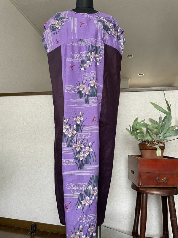 ハンドメイド　浴衣リメイク　ゆったりシルエット　美ライン　マキシ丈ワンピース　紫藤色