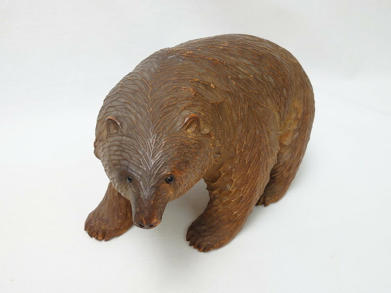 R-063321　古い　アイヌ　ガラス目　木彫りの熊(ディスプレイ、置物、くま、クマ)(R-063321)