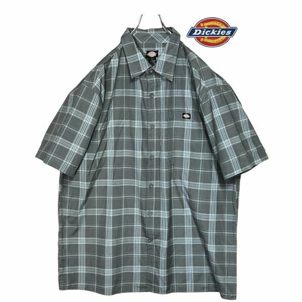 ★ネコポス可★Dickies 薄地 半袖シャツ XL グレー系チェック柄 刻印ボタン ピスネーム クリーニング プレス済み ディッキーズ USED 0743