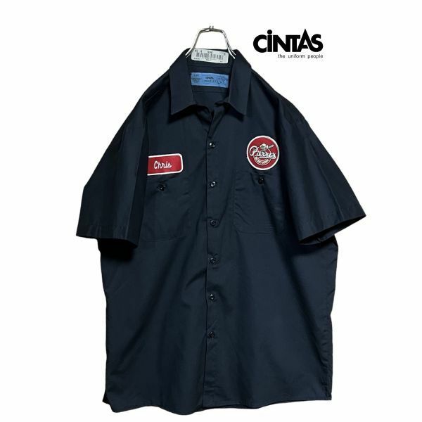 ★ネコポス発送★ CINTAS 半袖 ワークシャツ L 企業ロゴプリント 「Pierre's」クリーニング プレス済み 古着 USED ネコポス可 w751