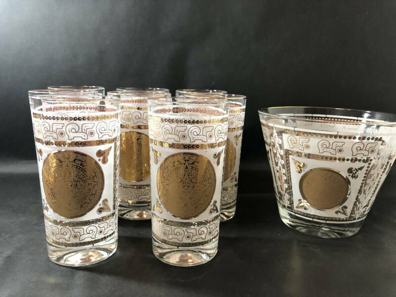 西洋カラス　レトロガラス　金彩　エジプト文様　カラスコップ８個　アイスペール　セット　レトロガラスセット