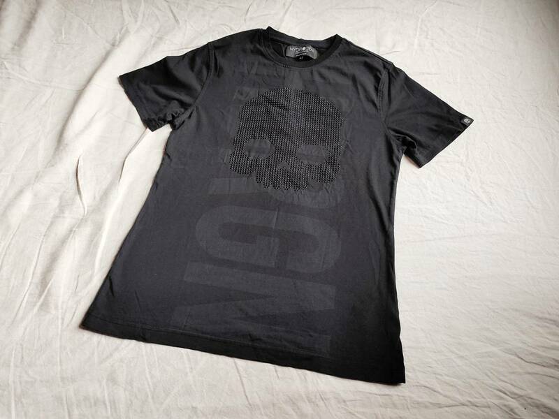 美品 HYDROGEN ハイドロゲン Tシャツ カットソー スカル ドクロ スタッズ ロゴ プリント タグ 半袖 S 黒 ブラック コットン トルコ製 ★6