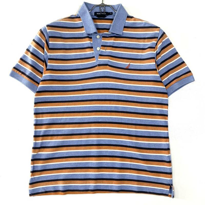 NAUTICA(ノーティカ)半袖ポロシャツ 刺繍ロゴ ボーダー柄 鹿の子 メンズS ブルー系/オレンジ系/ホワイト