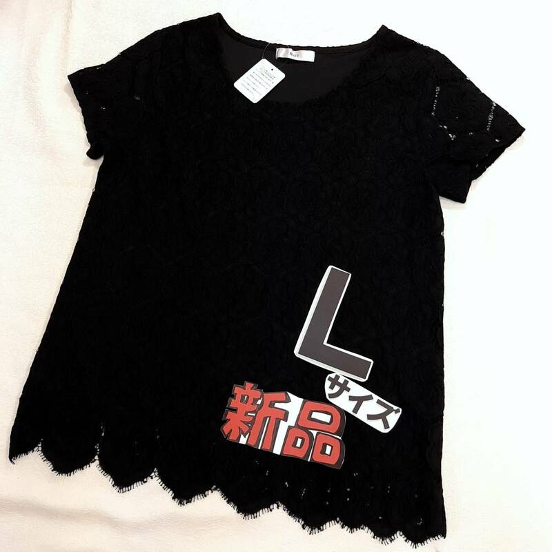 d4 新品★BUI★総レース生地 ストレッチレース 半袖カットソー Tシャツ★レディースLサイズ 送料無料 ブラック黒色 ストレッチ