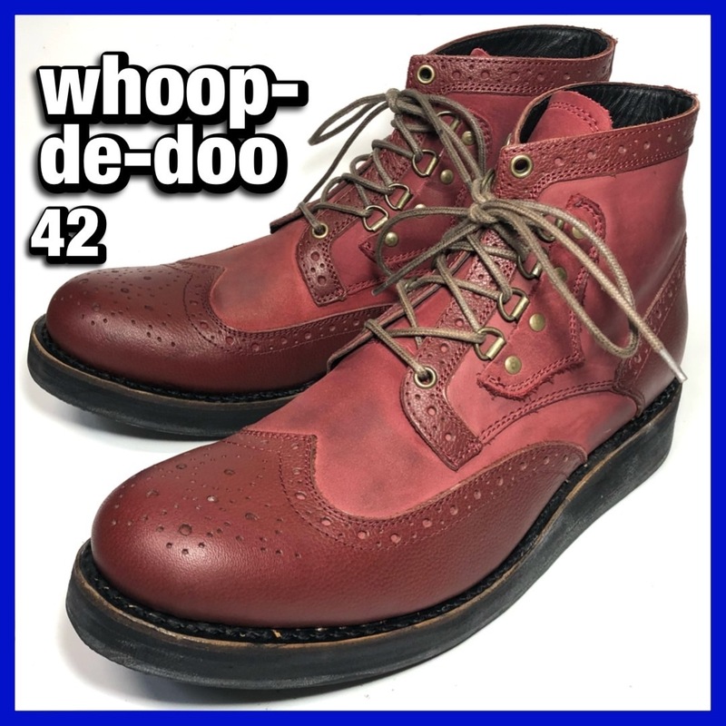 ★whoop-de-doo 42 約25.5cm-26cm メンズ レースアップブーツ ウィングチップ 茶系 ワインレッド フープディドゥ 革靴 レザー 中古*HAB0239