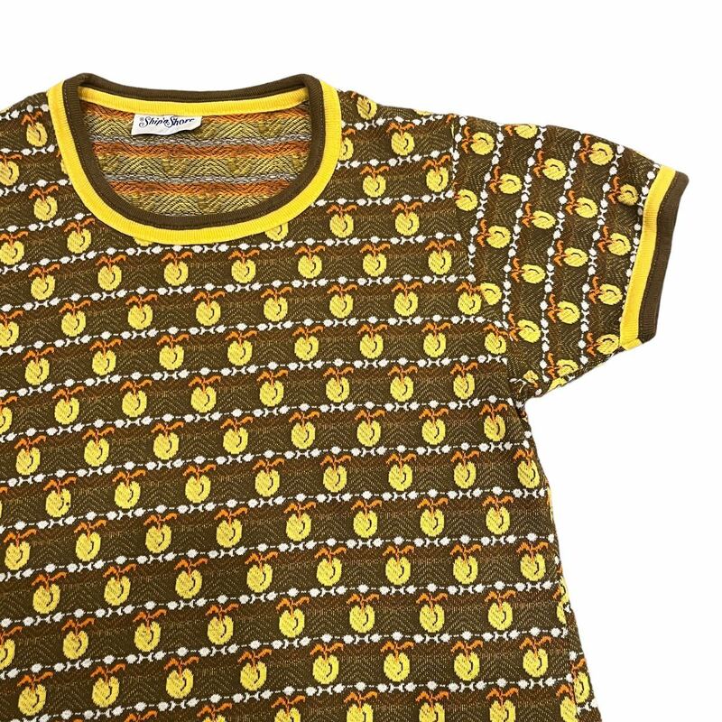 ビンテージ　ジャガード　Tシャツ　Tee 70’s 70年代　総柄 アプリコット　杏　フルーツ柄　古着