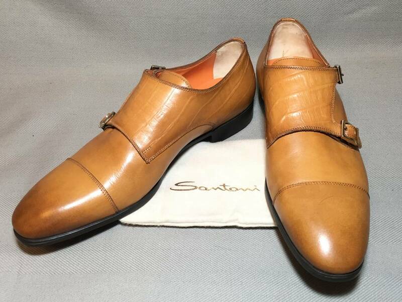 新品 サントーニ レザー ドレス シューズ 8 santoni 革靴 ビジネス モンクストラップ ブラウン イタリア製