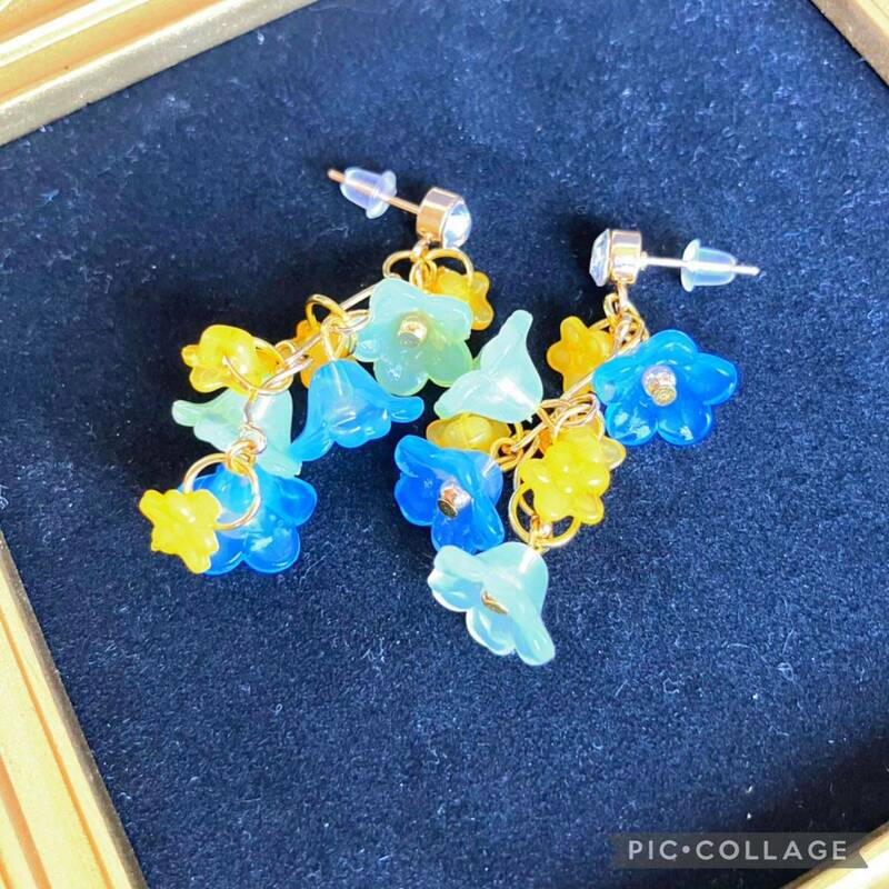 ☆フラワーピアス ゴールド☆ 金 耳飾り イヤリング ハンドメイド アクセサリー パーティー 結婚式 二次会 普段使い ブルー 青 緑 グリーン