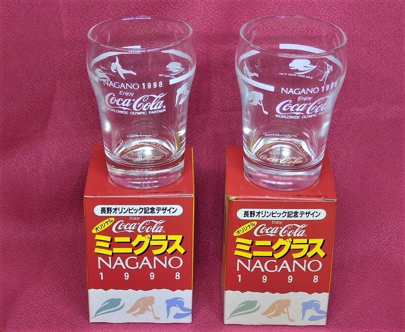 コカ・コーラ 　Coca-Cola　長野オリンピック 記念デザイン　ミニグラス　1998　 NAGANO　レトロ　非売品 　2個 未使用保管品