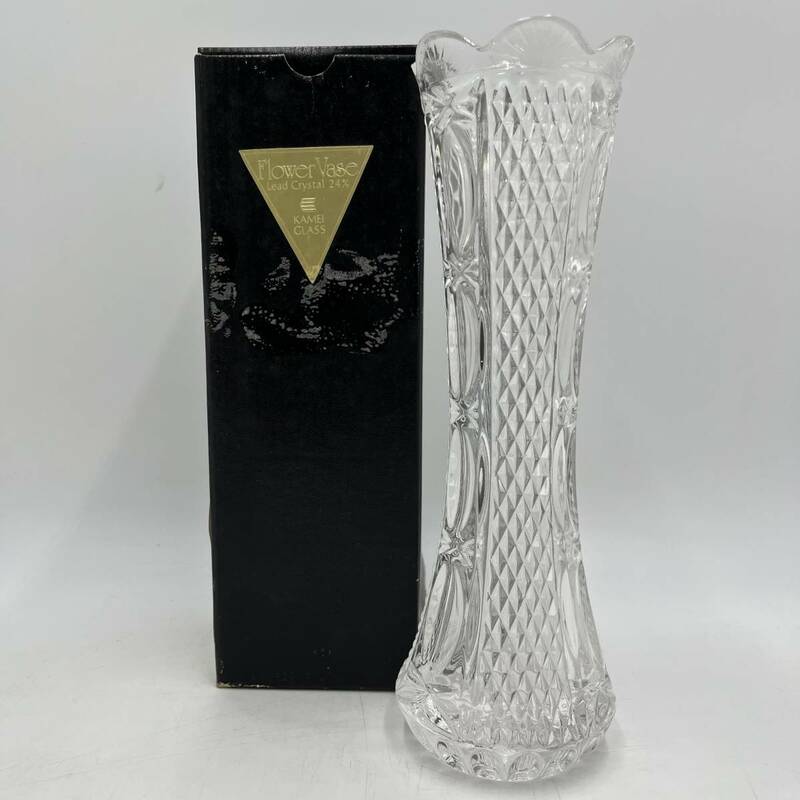 【美品】★KAMEI　GLASS/カメイガラス★フラワーベース　花瓶　花器　クリスタルガラス　高さ：25㎝　箱あり　