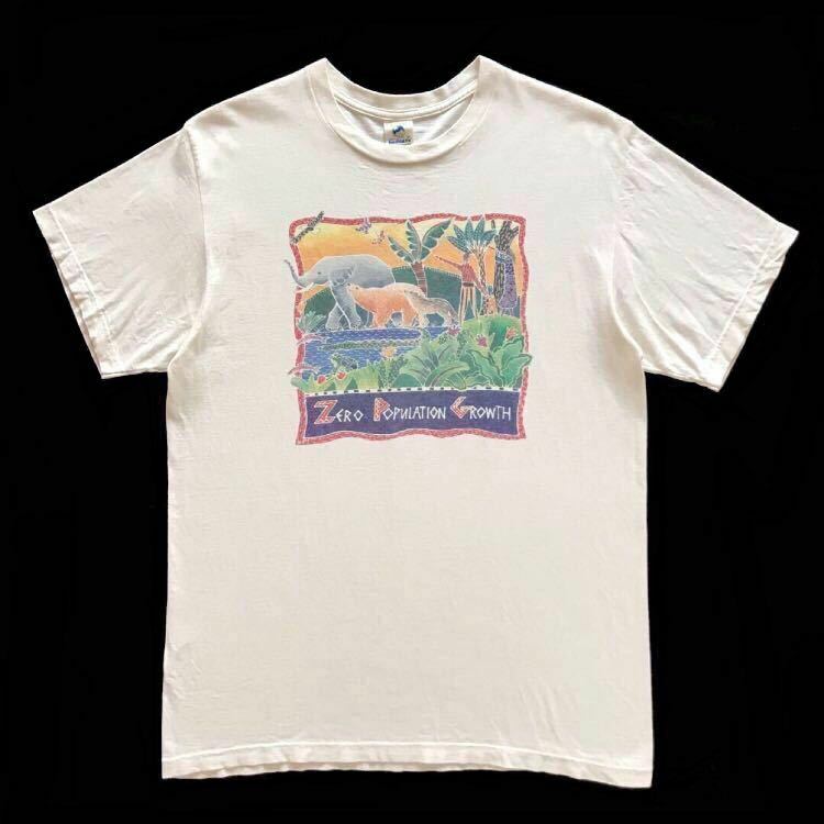 90s vintage USA製 patagonia パタゴニア ZERO POPULATION GROWTH プリントTシャツ 半袖 ivory size M 希少 抜染 Beneficial オールド old