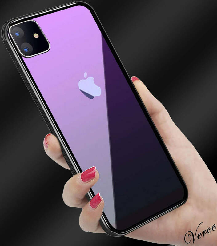 鮮やかなパープル透明グラデーション　 背面ガラスケース iPhone 11 6.1インチ TPU ストラップホール 耐衝撃 指紋防止 グリップ感