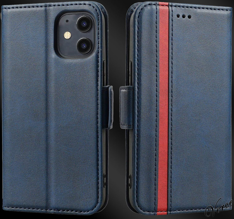 【ブルー×アクセントライン】 手触りの良い質感 手帳型ケース iPhone 12 mini 5.4インチ サイドマグネット カバー スタンド機能あり