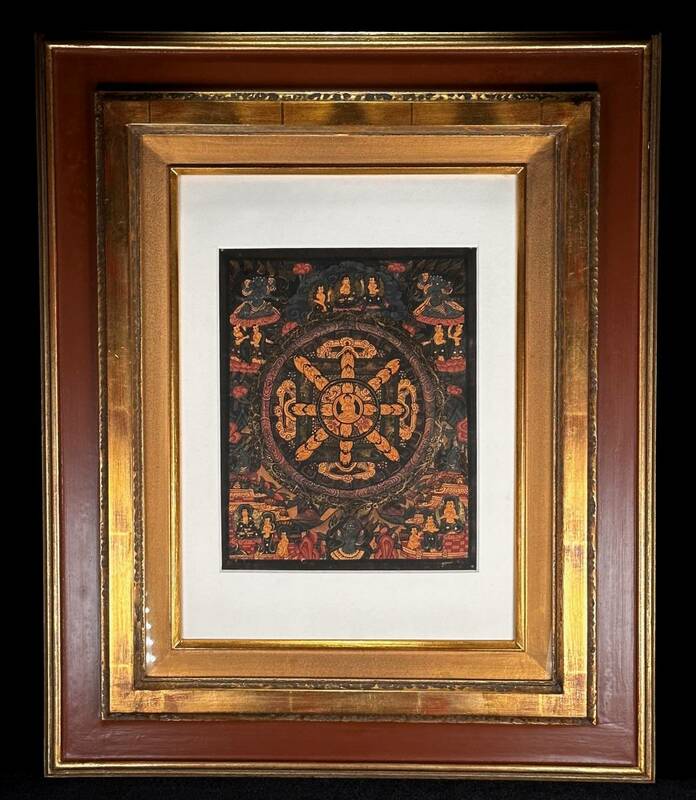 チベット仏教美術　曼荼羅　マンダラ　仏画　タンカ　肉筆　絵画　額装品　3号サイズ　幅43cm 高さ51.5cm