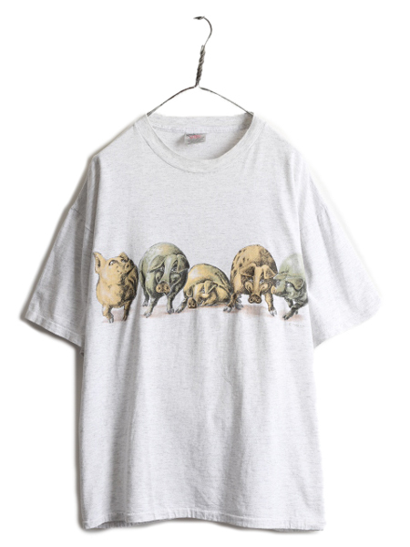 90s ★ アニマル ブタ 両面 プリント Tシャツ メンズ XL / 90年代 オールド 動物 豚 アート イラスト シングルステッチ ヘビーウェイト 灰