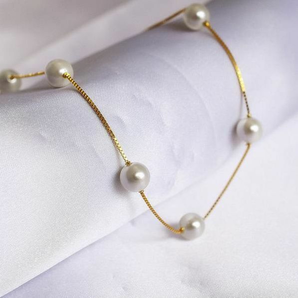真珠　直径8ｍｍ　貝パール　ステーション　シルバー925　ゴールド色　ネックレス 40cm