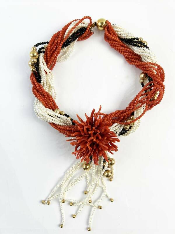 稀少　珊瑚　パール　真珠　ツイスト　ネックレス　K18使用　刻印有　レディース　ジュエリー　約180ｇ　天然