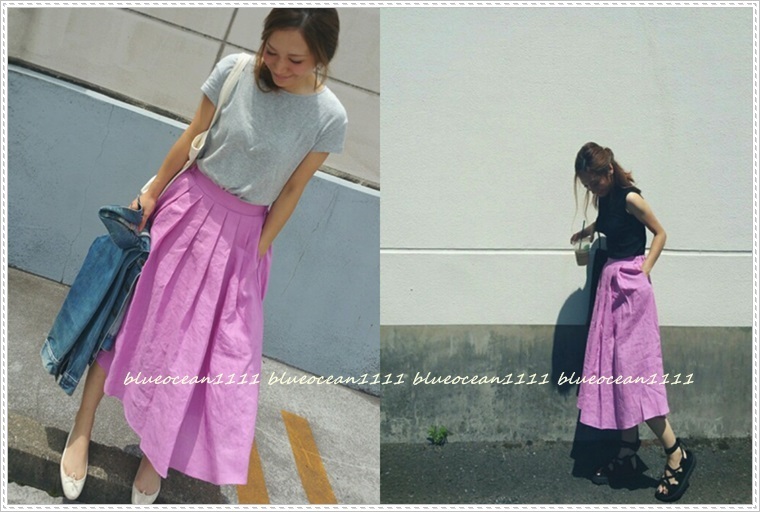 STORY掲載 カラーリネン【MODE ROBE】パープル ミモレ丈フレアスカート 麻素材 Tシャツ ブラウス ワンピ パンツ シャツ S-M-L