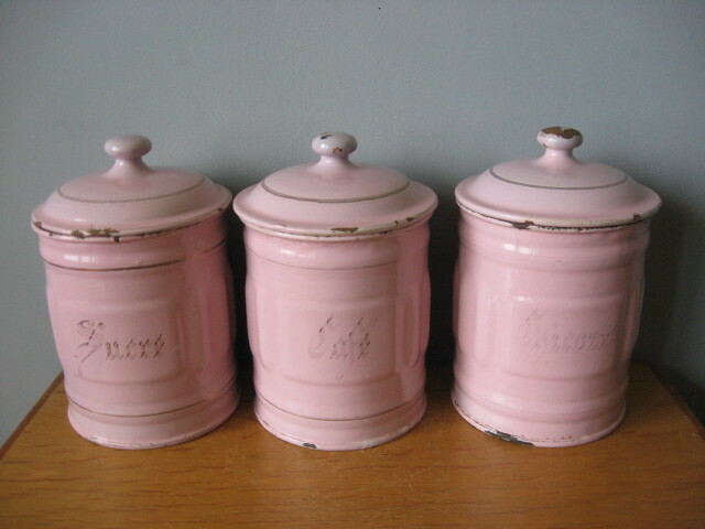 ★アンティーク★ピンク色ホーローキャニスター ３個セット エナメル 缶 フランス