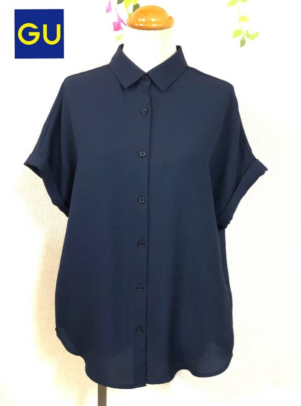 GU ジーユー　エアリーシャツ　フレンチ袖　　紺　ネイビー　サイズS