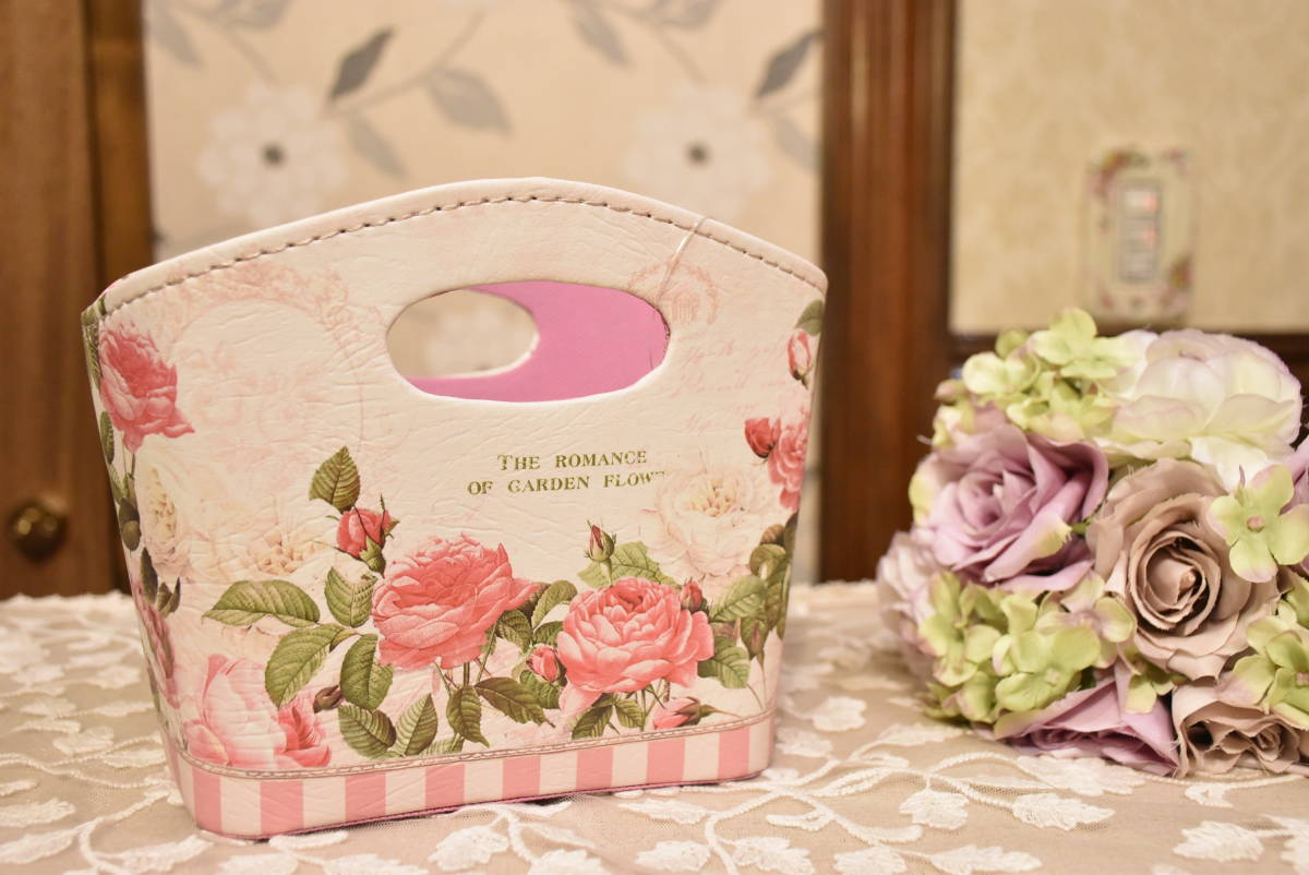 B-SU1-2*条件付き送料無料も有！小物入れ*ローズ*薔薇柄*収納ボックス*オシャレ*ピンク*持ち手付き*姫系*リモコン入れ*装飾*バラ柄