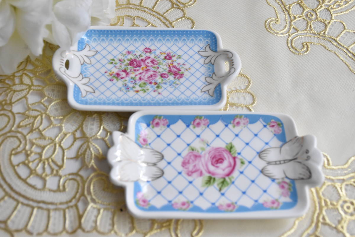 E-ST3-2*条件付き送料無料も有！*ミニトレ-*2枚セット*ブルー*蝶＆羽タイプ*陶器製*ミニサイズ*オシャレ*プレート*小物置き