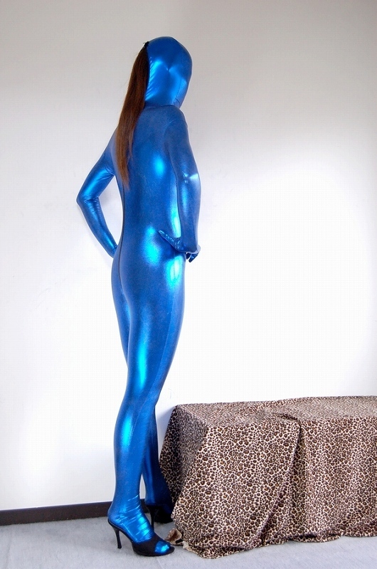 光沢 メタリック 全身タイツ 6頭ファスナー 　青色　 Zentai　S号　