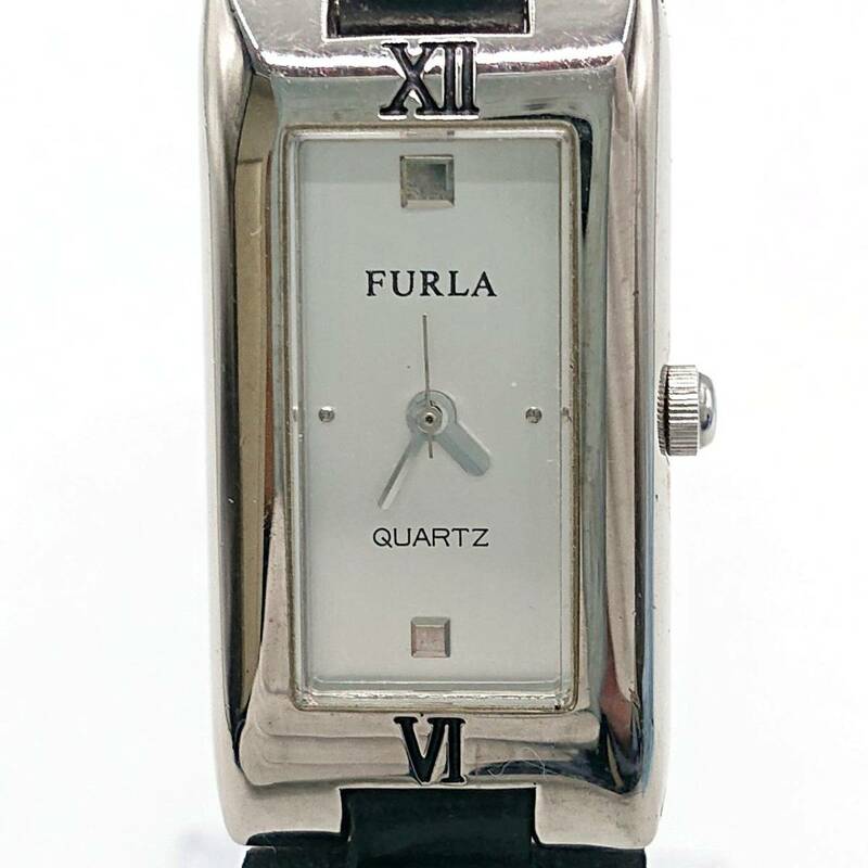【電池切れ】FURLA フルラ クォーツ 腕時計 シルバー文字盤 ラウンド レザーベルト シルバー×ブラック レディース
