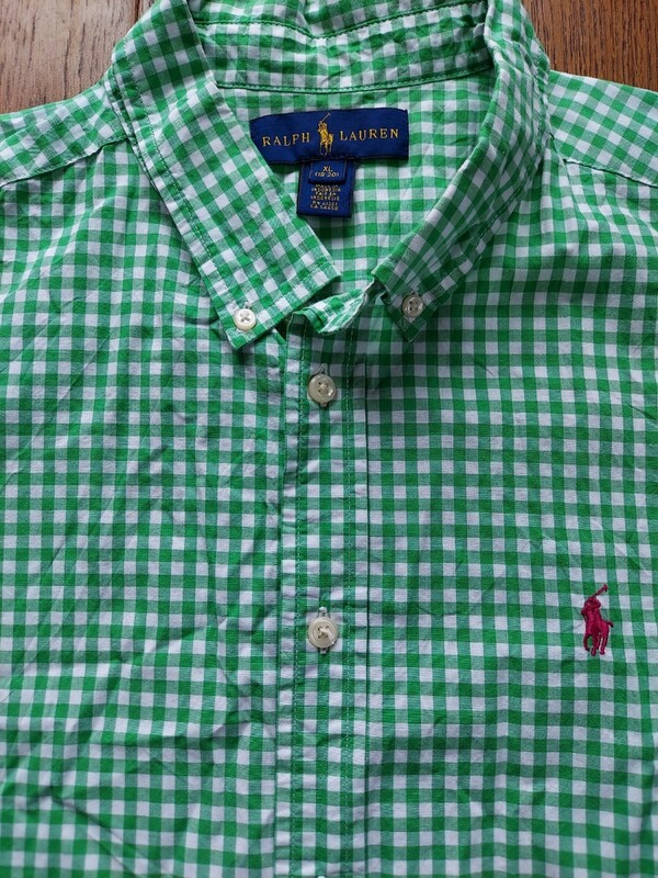 【人気】Ralph Lauren ラルフローレン ギンガムチェック 半袖シャツ 緑　ボーイズXL Polo☆RRL 90s 80s メンズスタイル