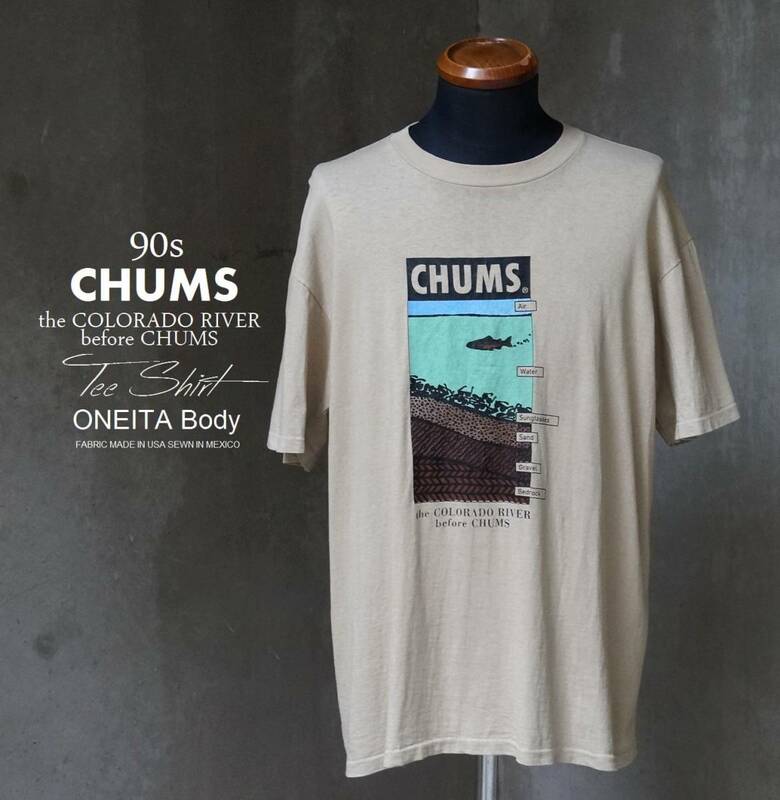 米ユタ州発 90s チャムス CHUMS ONEITA Body Color Wear ベージュ コロラド川地層 プリント 半袖 Tシャツ L相当