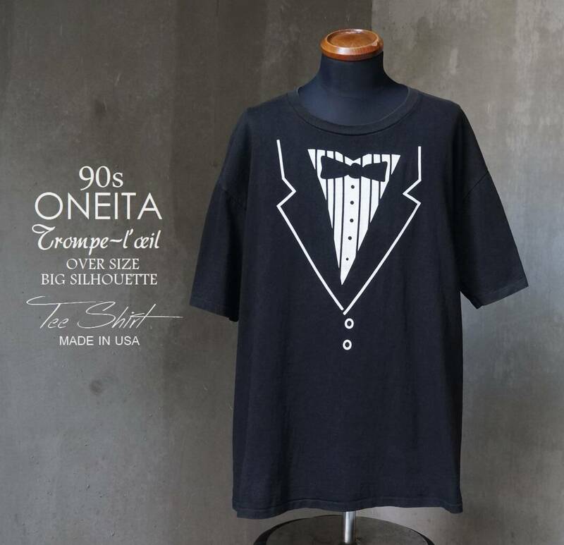 90s USA製 オニータ ONEITA トロンプルイユ 黒 ブラック オーバーサイズ ビッグシルエット Tシャツ XL