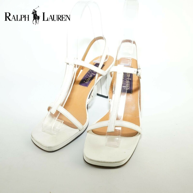 Ralph Lauren ラルフローレン 5 1/2 22.0 サンダル スクエアヒール シルバー金具 アンクルストラップ レザー 白 ホワイト/EC74