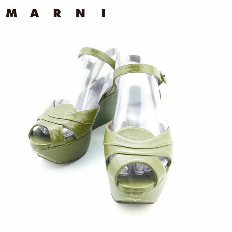 MARNI マルニ 36 23.0 サンダル 厚底 アンクルストラップ イタリア製 本革 レザー カーキ グリーン/EC180