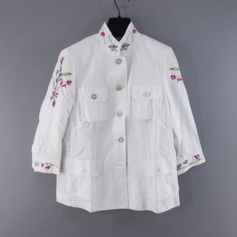 ESCADA エスカーダ 花柄 刺繍 ジャケット ホワイト サイズ42 シミあり 汚れあり 格安 メンズ MADE IN GERMANY