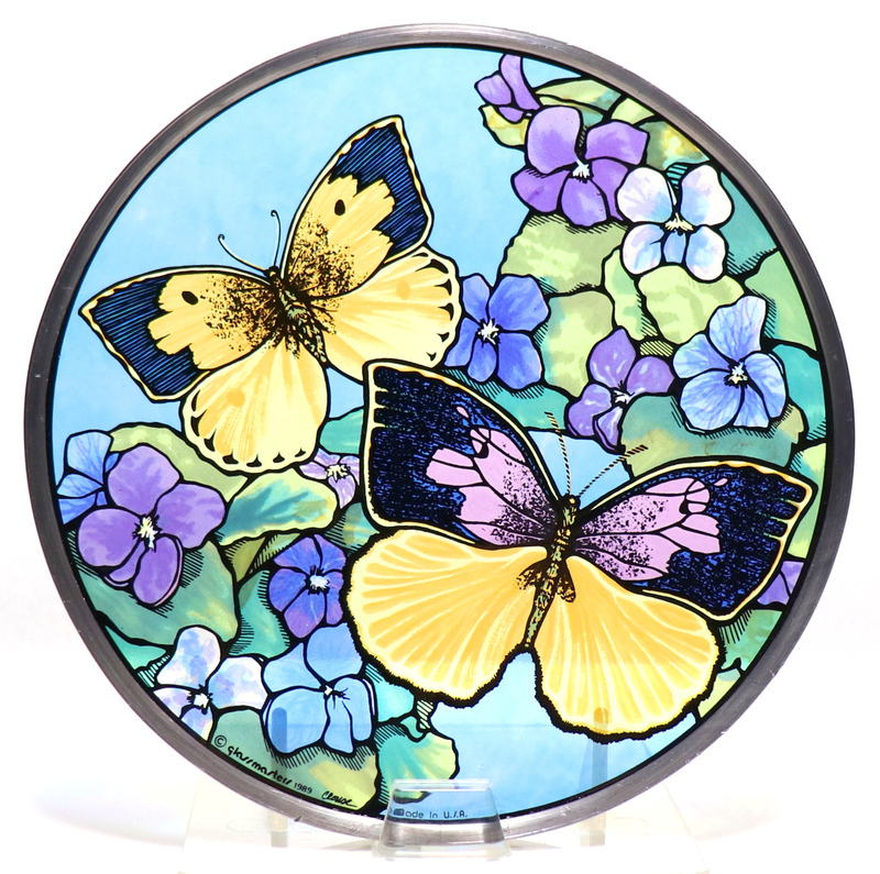鮮やかな二匹の蝶々 ヴィンテージ ステンドグラス 花 グラスマスターズ社 バタフライ トロント カナダ ティファニー スタジオ 美術館 絵画