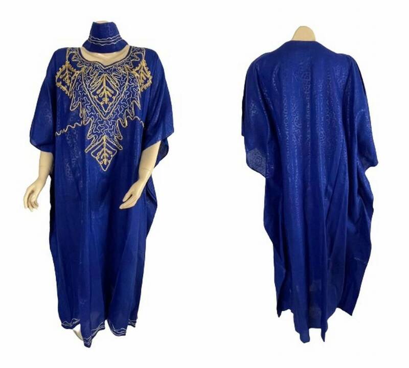 パキスタン製　未使用新品　アフリカン／中近東／インド　カフタンドレス　ブルー　ONE SIZE