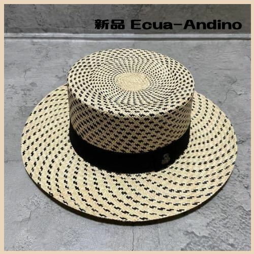 新品 Ecua-Andinoエクアアンディーノ 麦わら帽子 ボーターハット ストローハット ハンドメイド ピンバッジ付き エクアドル製 玉FL2879