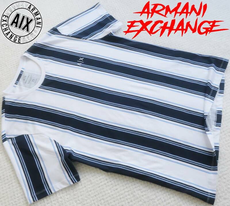 新品★アルマーニ★大きいサイズ★オーガニック ホワイト Tシャツ★マルチ ストライプ★ゲームシャツ★白 XXL★ARMANI☆893