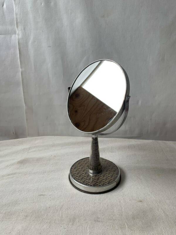 デザインが素敵な鏡と拡大鏡の回転式両面卓上ミラー鏡 古道具アンティークビンテージインテリアディスプレイ什器化粧鏡スタンドミラー雑貨