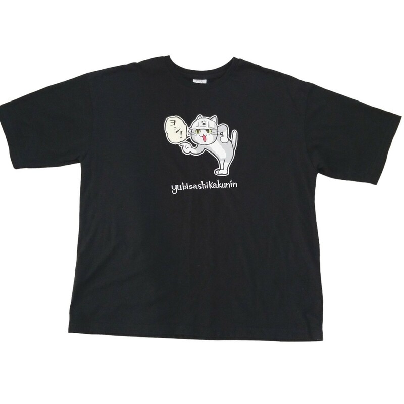 Y066【美品】仕事猫 現場猫 プリント 刺繍 半袖Tシャツ レディース M~L 黒 ブラック ヨシ！ 指さし確認 くまみね キャラクター 
